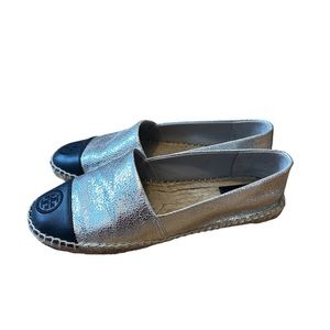 TORY BURCH Silver Metallic and Navy Espadrilles